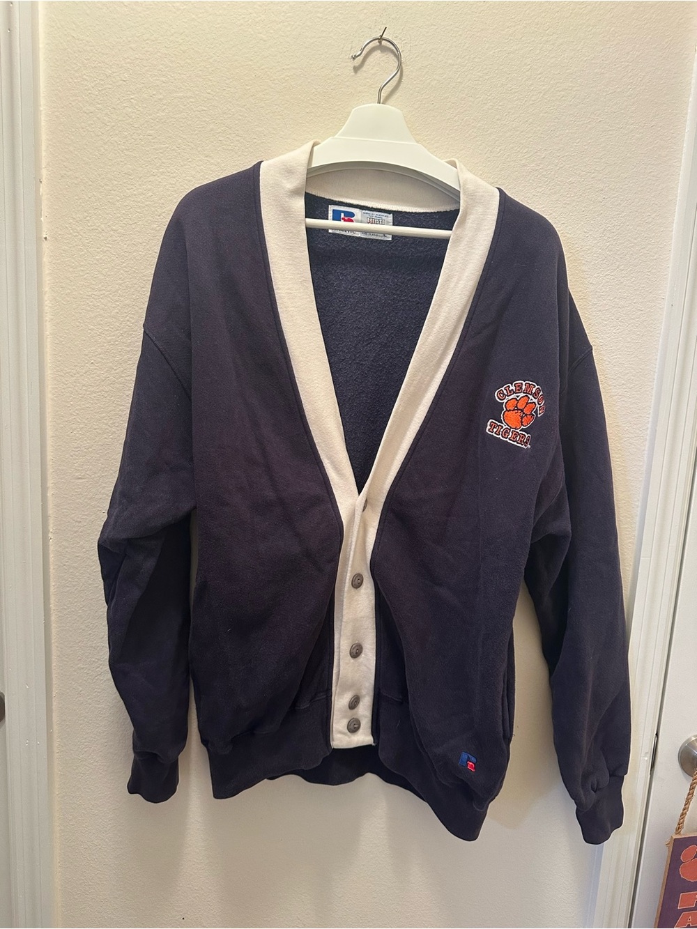 Russell Athletic Navy and Cream Fleece-Lined Sweatshirt Collar